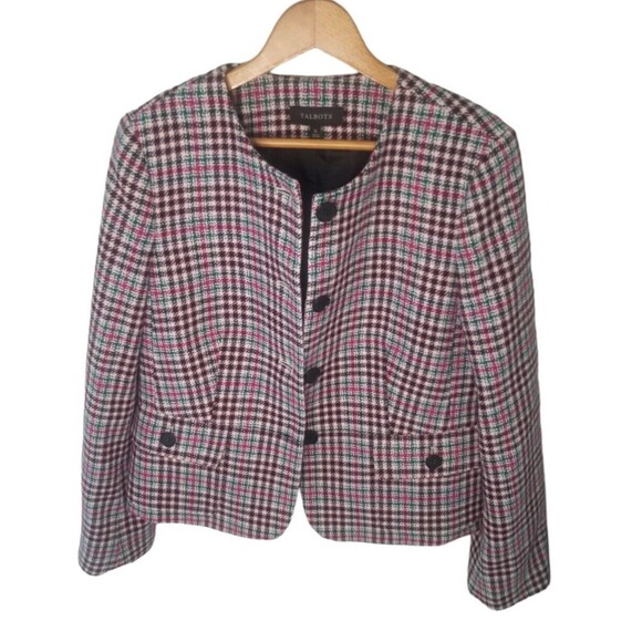 Talbots Blazer Red Green Wool Blend Houndstooth Plaid Preppy Academia Women's 12 - Picture 7 of 11